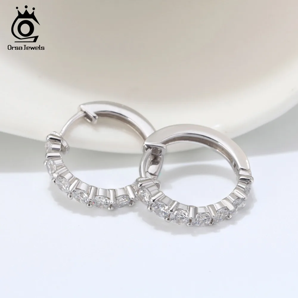 ORSA JEWELS Real 925 Sterling Silver Women Hoop Earrings Prong Setting AAA Cubic Zircon Small Earring Trendy Jewelry SE82