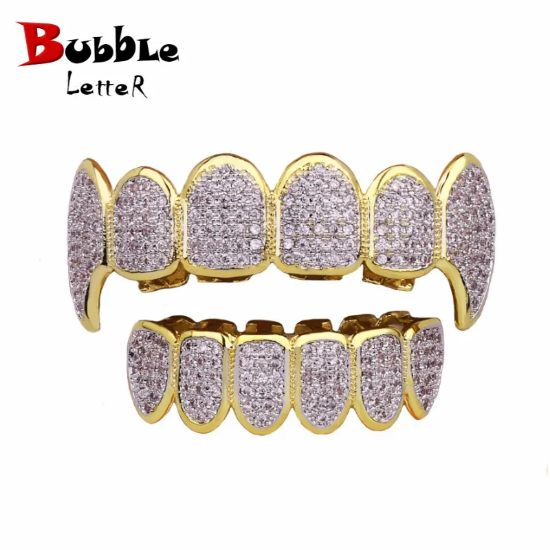 Shining Hip Hop Grillz Iced Out CZ Fang Mouth teeth grills Caps Top & Bottom tooth Set Men Women Vampire Grills Fashion Jewelry