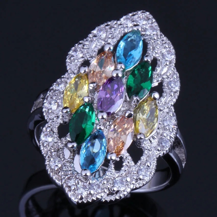 Captivating Oval Multigem Multicolor Yellow Cubic Zirconia Silver Plated Ring V0593