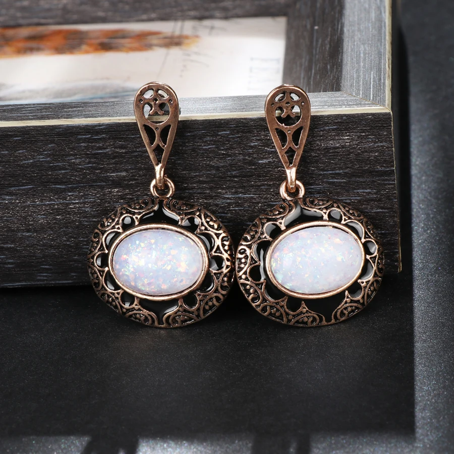 2 Pcs/lot Vintage Big Opal Stone Ring Earrings For Women Black Enamel Antique Gold Jewelry Sets Bohemian Jewellery