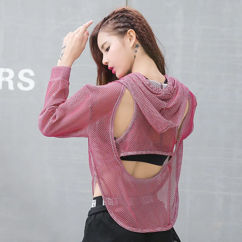 New 2 Colors Running Sport Shirts For Women Long Sleeve Hooded Yoga Sportwear Hollow Out Back Sexy Gym Sport Smock Tops Jacket