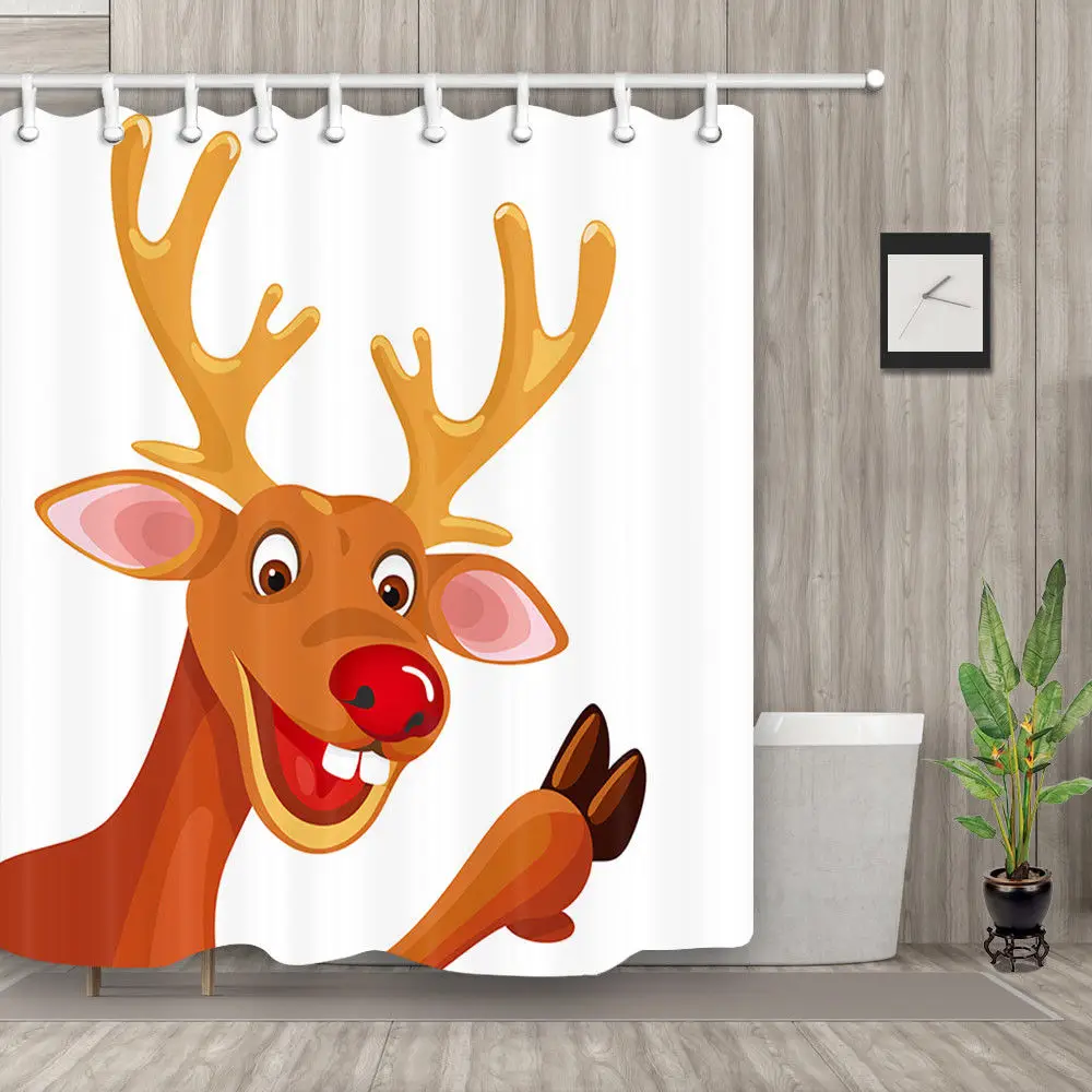 Cartoon Christmas Reindeer Curtain Shower Bathroom Waterproof Fabric 12hooks New