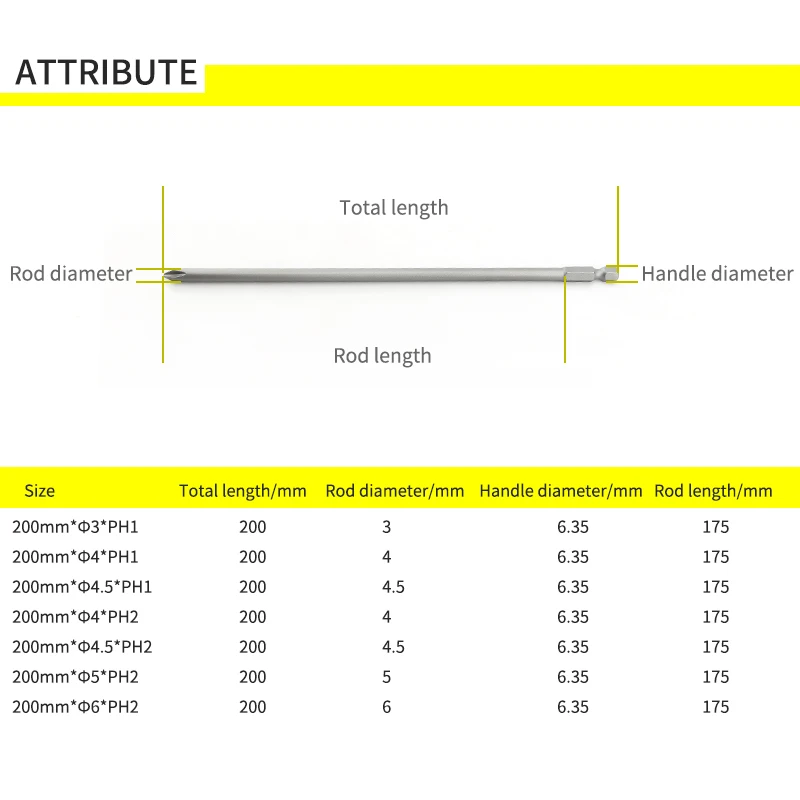 200mm Length 10Pcs Phillips Longer electric screwdriver bit magnetic cross-headed wind drill head ph1/ph2