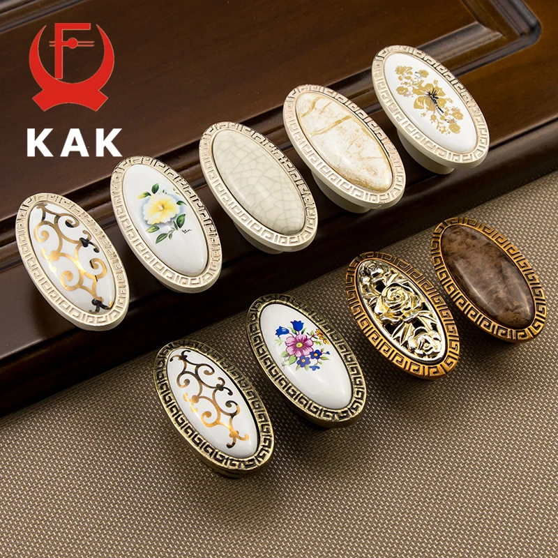 KAK Antique Vintage Wardrobe Door Knobs Zinc Alloy Ceramic Cabinet Handles Drawer Knobs European Style Furniture Handle Hardware
