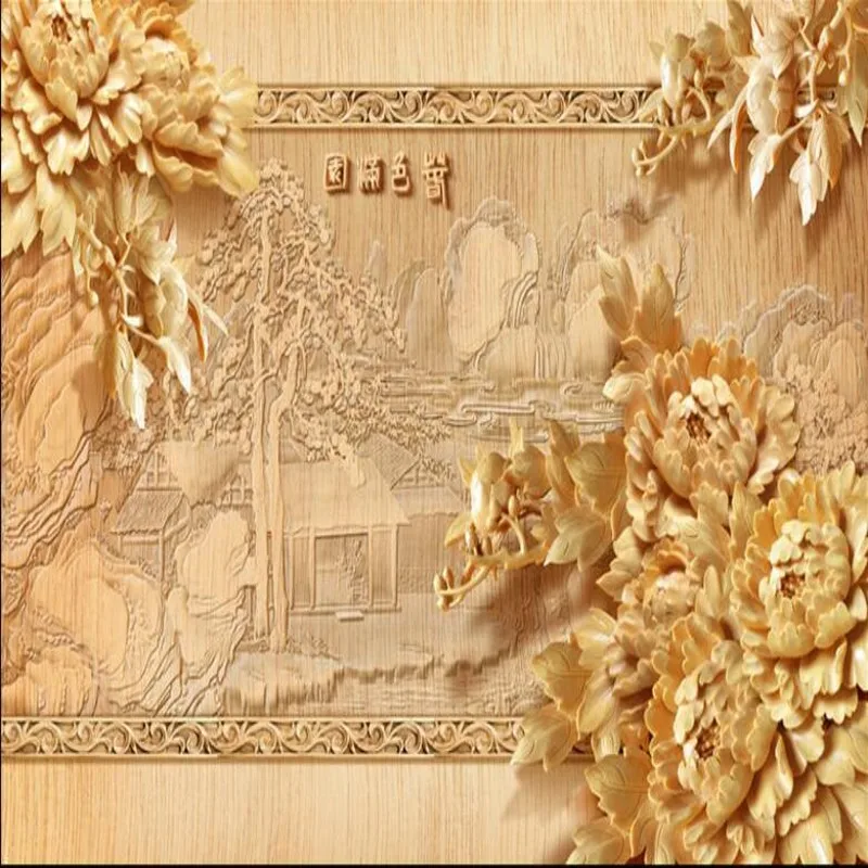 

wellyu Custom large - scale murals 3D wood carving peony flowers TV| Spring full garden wall paper wallpaper for walls 3 d