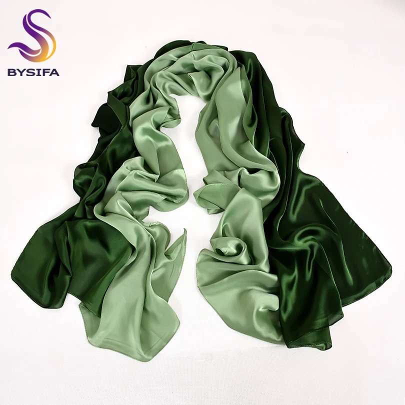 [BYSIFA] Long Satin Silk Scarf Winter Ladies Gradient Green Scarf Shawl Top Grade Brand Scarves Simple Plain Head Scarf 180*90cm