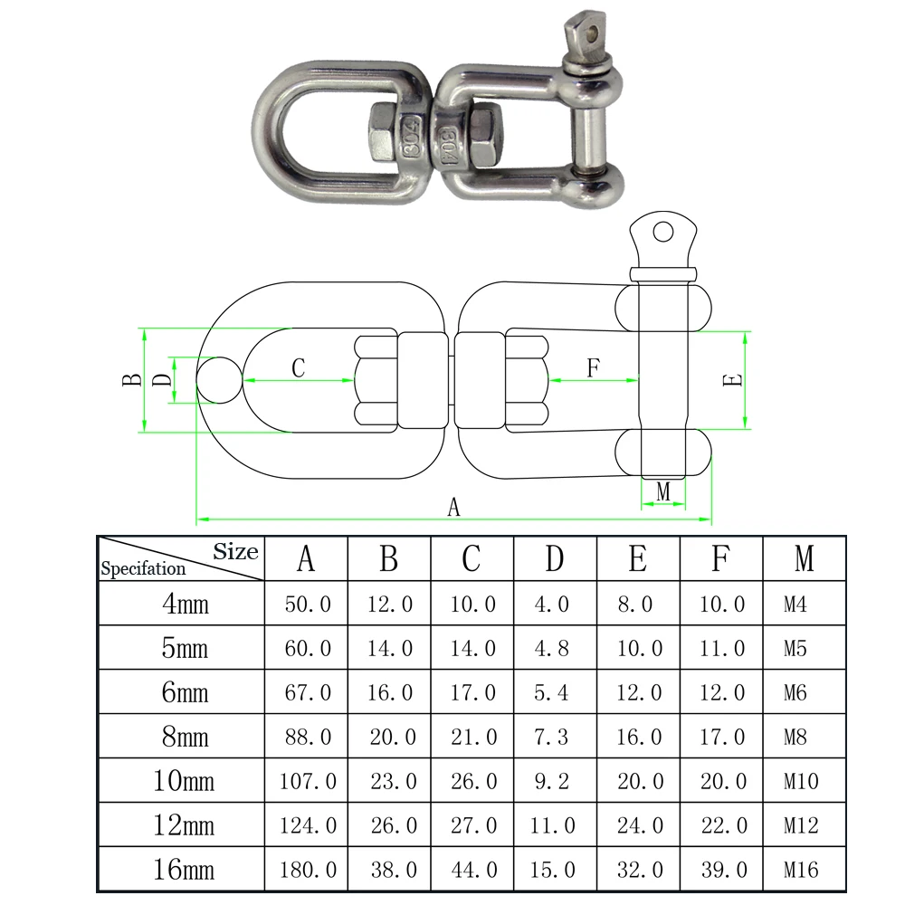 Heavy Duty Stainless Eye and Jaw Swivel Marine SS304/316 Jaw-Eye Type Swivel Anchor Chain Connector Shackle 4mm 5mm 6mm 8mm