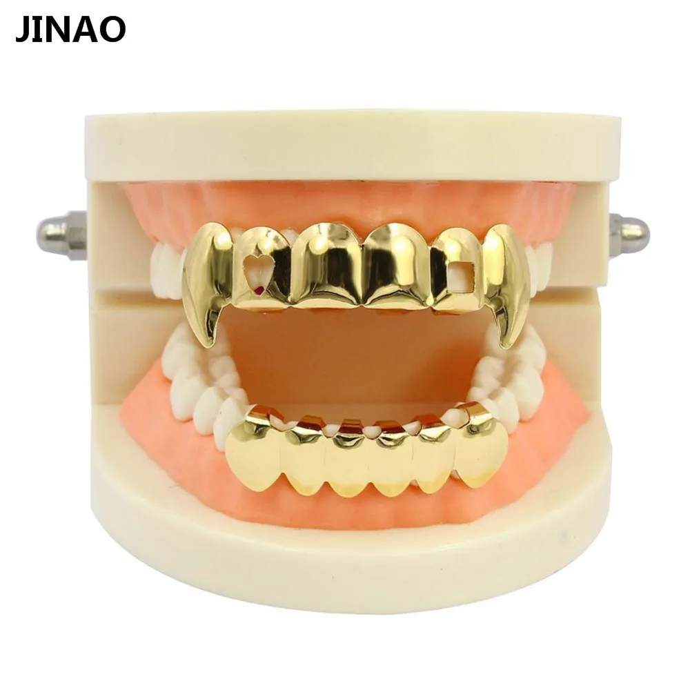 JINAO Gold Color Plated Hip Hop Teeth Grills Caps Hollow Heart Square Top&Bottom vampire teeth Grillz Set for Halloween Party