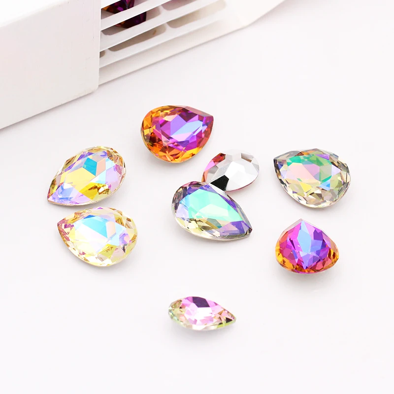 Teardrop Glass Crystal Colorful Sewing on a metal base High Quality Pointback Sew On Stone Droplet Sewing Rhinestone For Garment