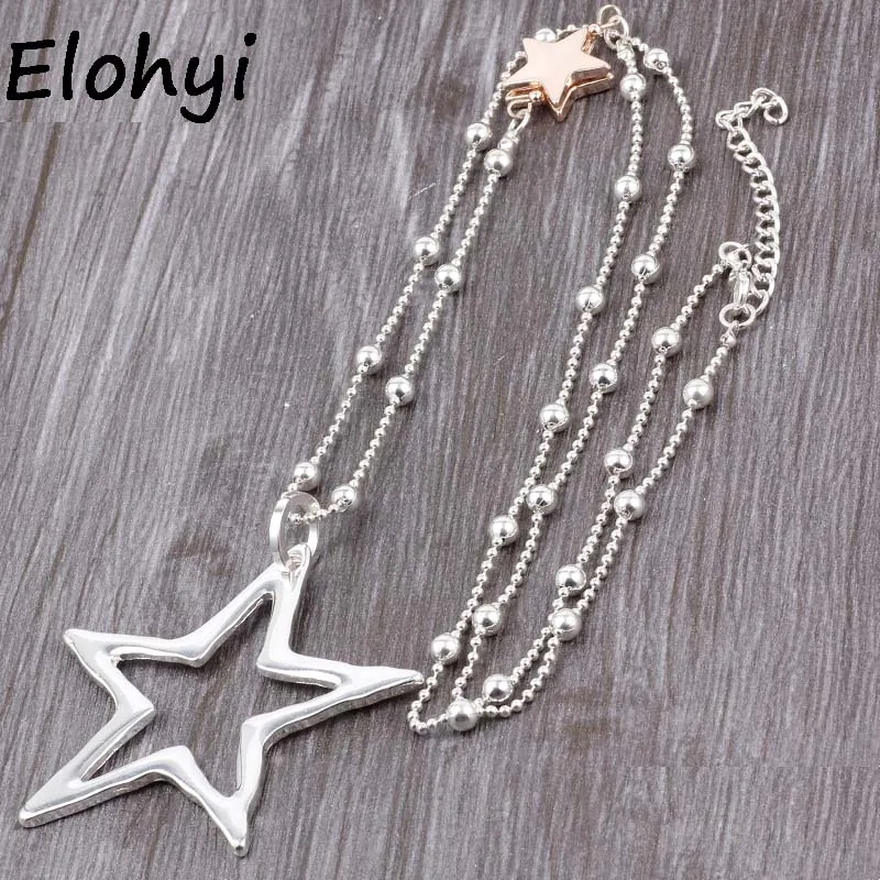 ELOYHI Women Necklace Simple Big Pentagram Statement Necklaces Pendants Vintage Jewelry Bead Chain Long Necklace Women