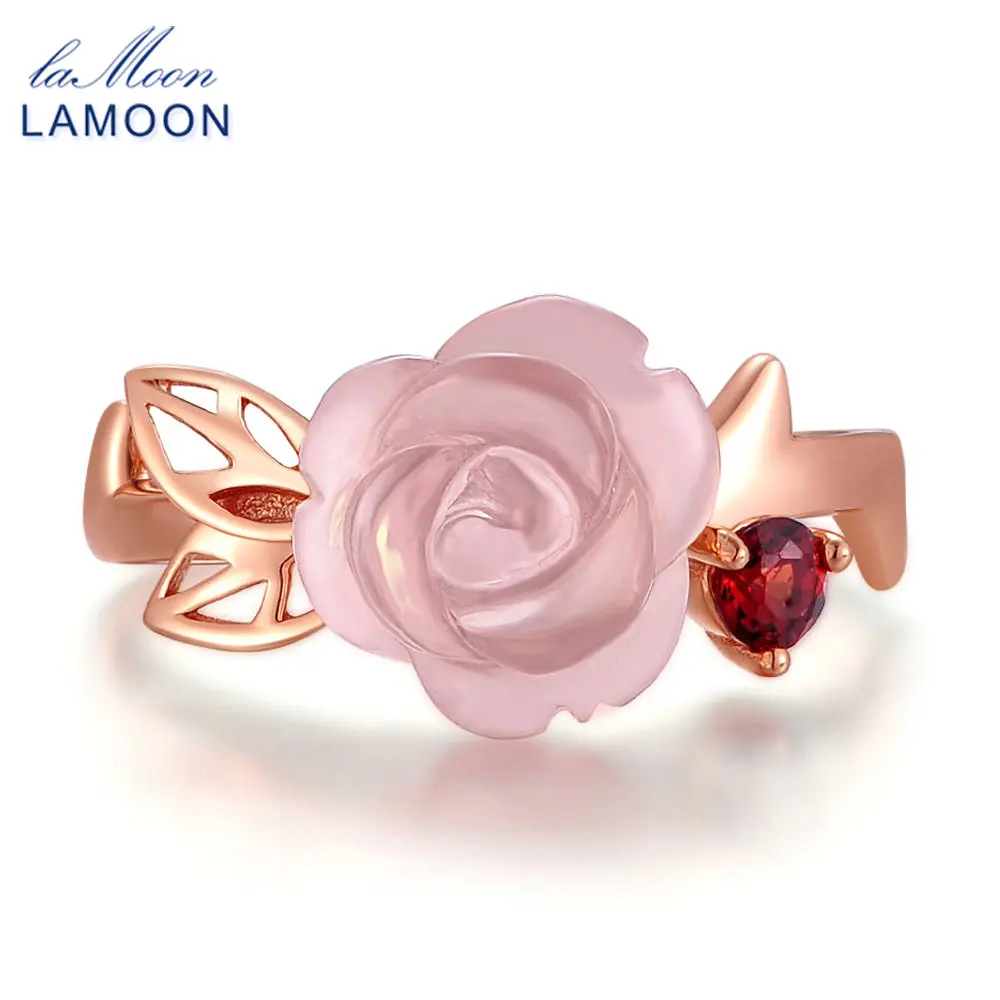 LAMOON- FlowerRose 9mm 100% Natural Pink Rose Quartz Ring 925 Sterling Silver Jewelry  Romantic Wedding Band LMRI025