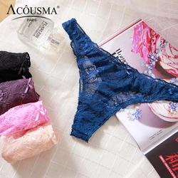 ACOUSMA Sexy G-String Women Floral Lace Hollow Out Transparent Thin Underwear Mid Waist Elastic Panties T Back Thongs 5 Colors