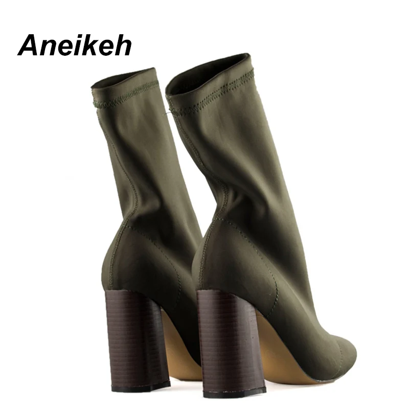 Aneikeh 2024 Spring/Autumn Elegant Stretch Fabric Socks Boots Women\'s Pointed Thick Heel Sewing Ankle Boots Party Club Zapatos