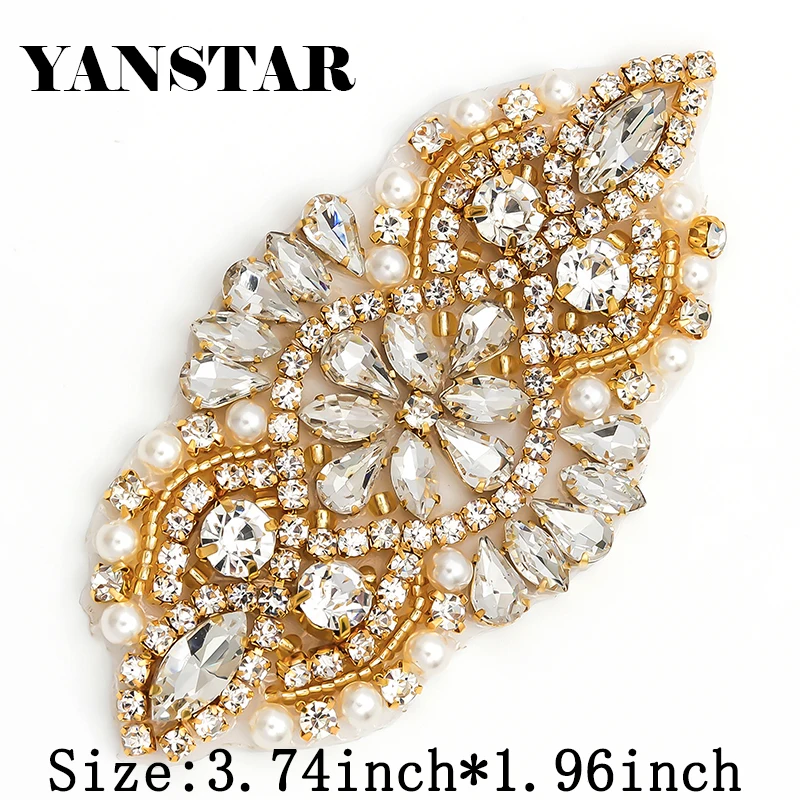 YANSTAR (10pcs)Wholesale 14*5CM Bridal Sash  Gold Crystal Rhinestones Appliques Accessory For Wedding Gown Belt YS983