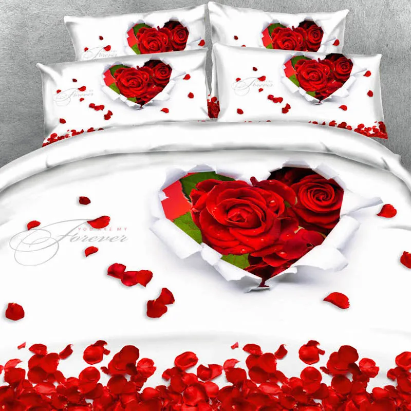 Royal Linen Source Brand 6 Parts Per Set Romantic Red Roses and Love Message 3D bed set with 3D bed clothes