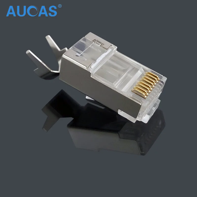 AUCAS CAT7 FTP 50pcs RJ45 Connector Shield  RJ11 Plug 8P8C Network Modular Plug Connector for Ethernet Cable Free Shipping