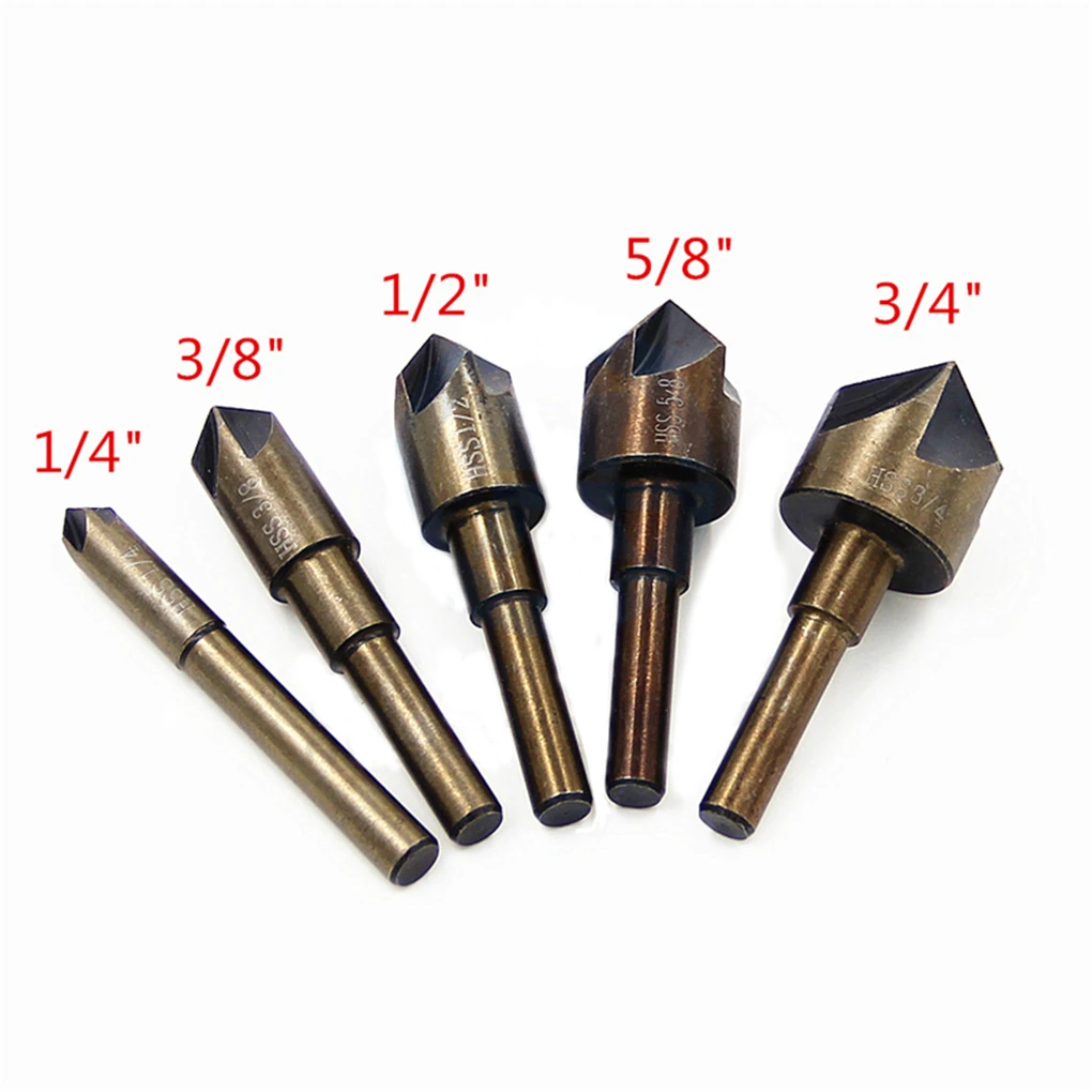 5Pcs HSS Inch Roasted Yellow Round Handle Five-blade Chamfer Woodworking Reaming Deburring Bit Five-edge Chamfering Machine