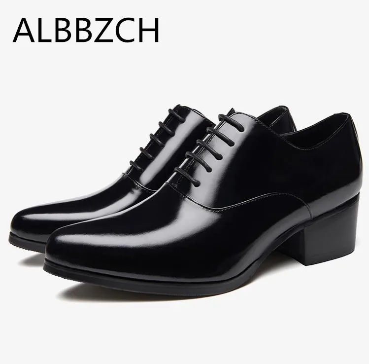 

New Genuine Leather Dress Shoes Men High Heel Pointed Toe Lace Oxford Wedding Shoes Height Increase Career Work Jazz Dance Shoes