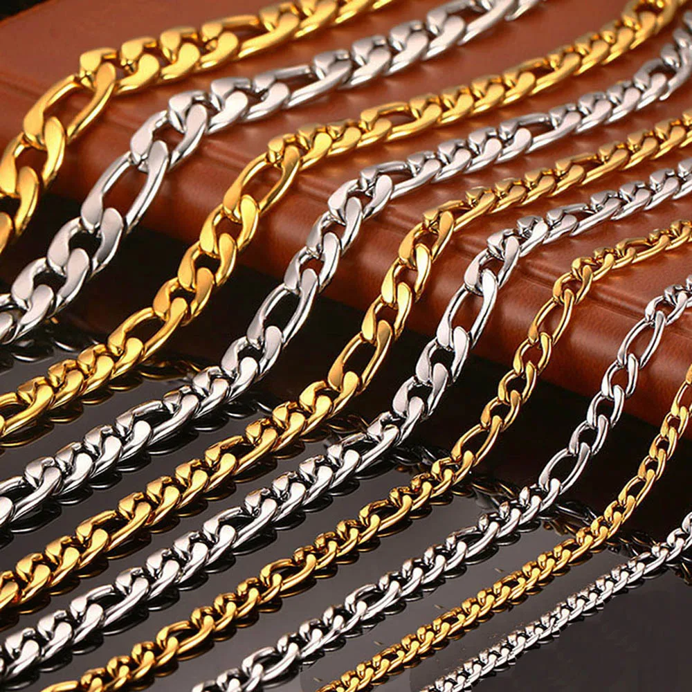 Qmzchentrendy Gold Color Stainless Steel Chain Necklace For Men Women Jewelry 3/5/7MM Trendy Long Figaro Chain Necklace Trendy