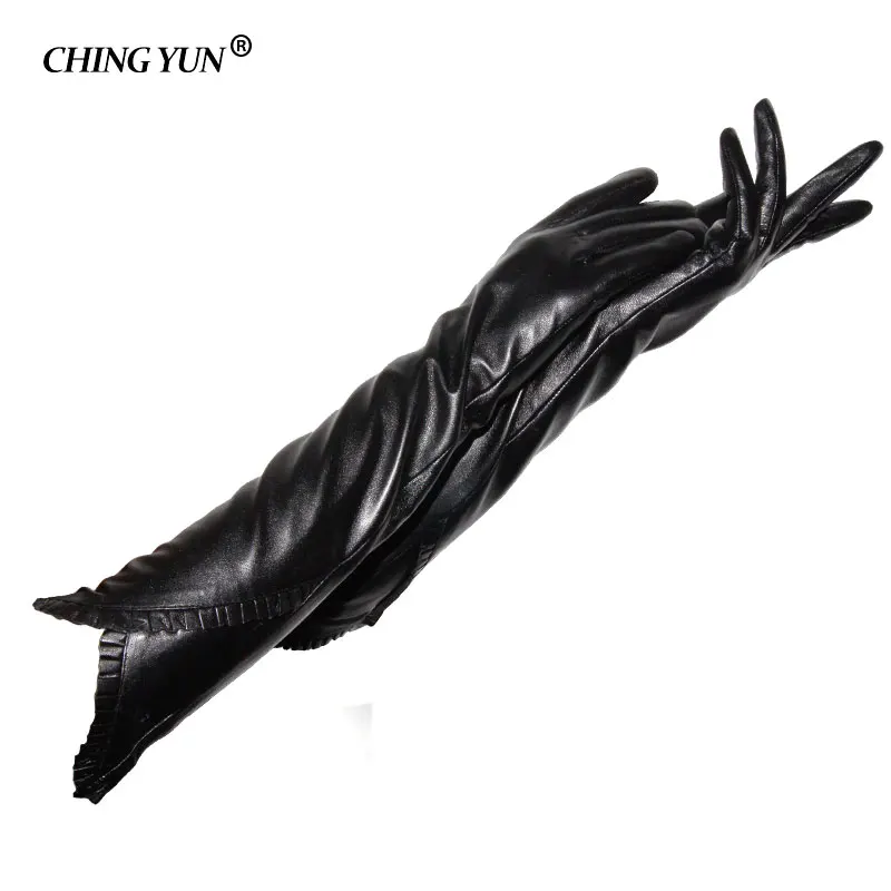 Chingyun Winter Lady Mode Schapenvacht Leren Handschoenen Vrouwen Echt Lederen Wanten Dames Lange Stijl Houden Warme Arm Mouw