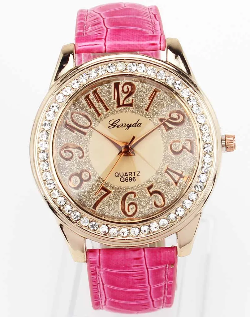 New Fashion Trendy Women Rose Gold Bling Dial Crystal Black White Pink Brown Leather Band Quartz Wrist Watch