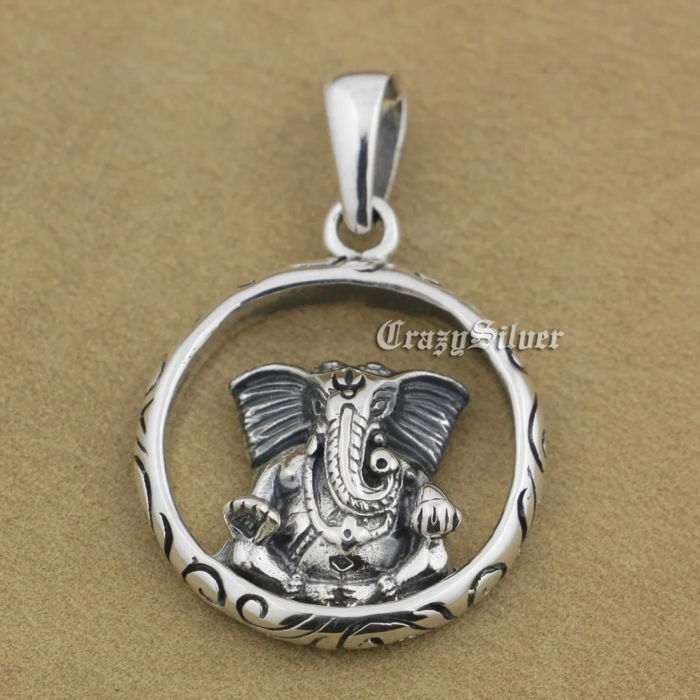 LINSION 925 Sterling Silver Lord Ganesha Mens Biker Rocker Punk Round Pendant 9V012