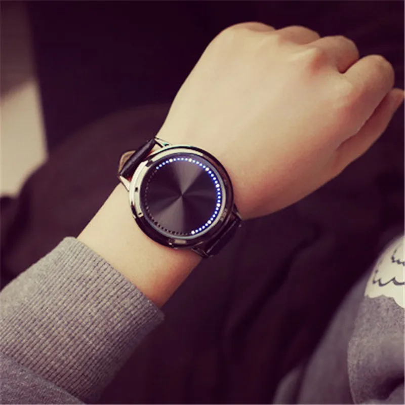 Fashion Led Watch LED Touch Screen Watch Unique Cool Watch with Tree Pattern Simple Black Dial 60 Blue Lights Watch Leather