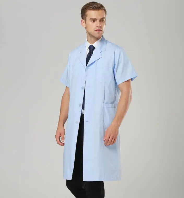 Short Sleeves Man Lab Coat Summer Doctor Work Hospital Blue Tops