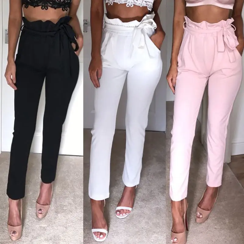 New Women High Waist Slim Skinny Leggings Stretchy Bow Belt Drawstring Pants Jeggings Pencil Trousers