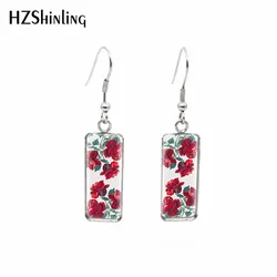 2019 New Red Rose Rectangular Earring Flowers Art Fish Hook Earring Romantic Ear Rings Hand Craft Glass Jewelry