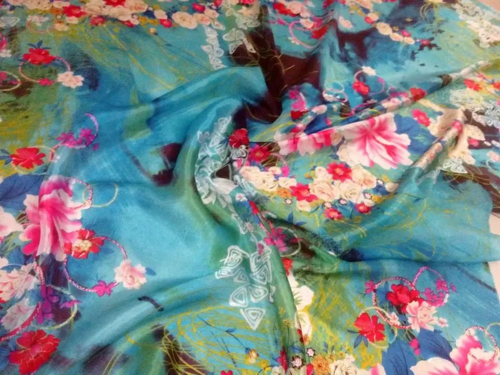 Pure Natural Silk Wide Blue Flowers Super 100% Mulberry Silk Chiffon Prints Fabric Textile For Dress Cloth Scarf African Fabric