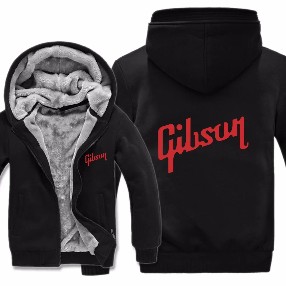 Winter Warm Guitar brand Gibson Logo Mens Zipper Hoodies Fleece Thicken Music Fans Fashion Jacket Sweatshirt Coat