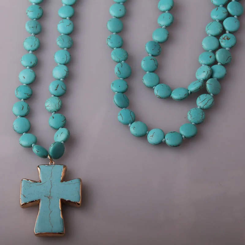 Fashion Bohemian Tribal Artisan Jewelry Flat TurquoiseStone Knotted Cross Necklace