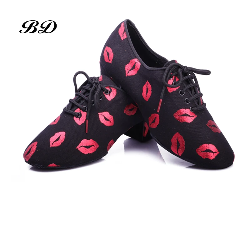 Sneakers Latin Dance Shoes Women Genuine BD t1 Teacher Shoe Canvas Black  Heel 4.5cm Male Female Red Lips Oxford Cloth Free Bags