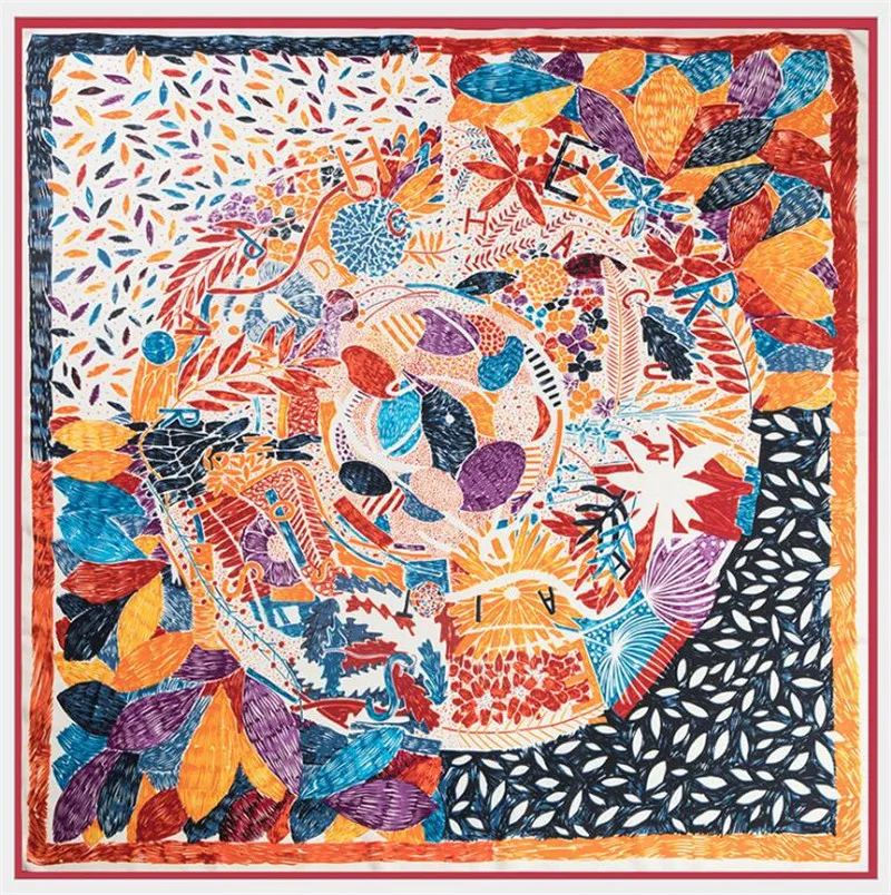 POBING Silk Scarf Women Large Shawls Nepal Leaves Print Stoles Square Bandana Luxury Kerchief Scarf Female Foulards 130CM