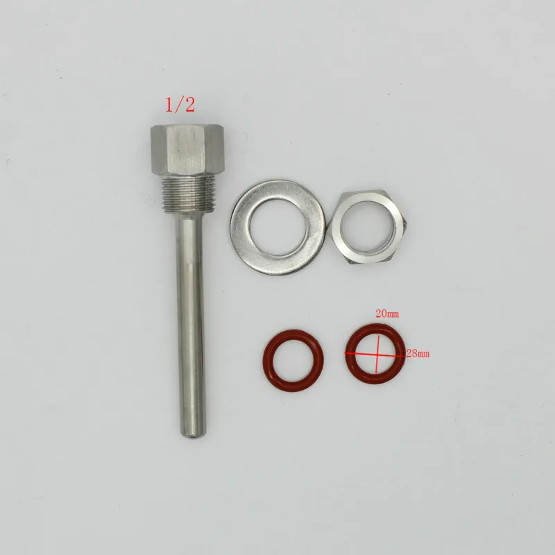 L50mm-L300mm  Length Stainless Steel 304 Thermowell Kit With 1/2'' DN15 Lock Nut Homebrew Thermometer Part