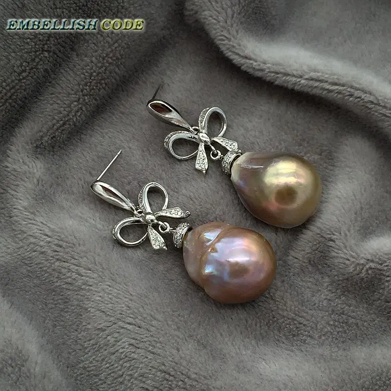 baroque pearls Bowknot style noble dangle earrings purple golden color flame ball tissue freshwater pearl 925 silver for women