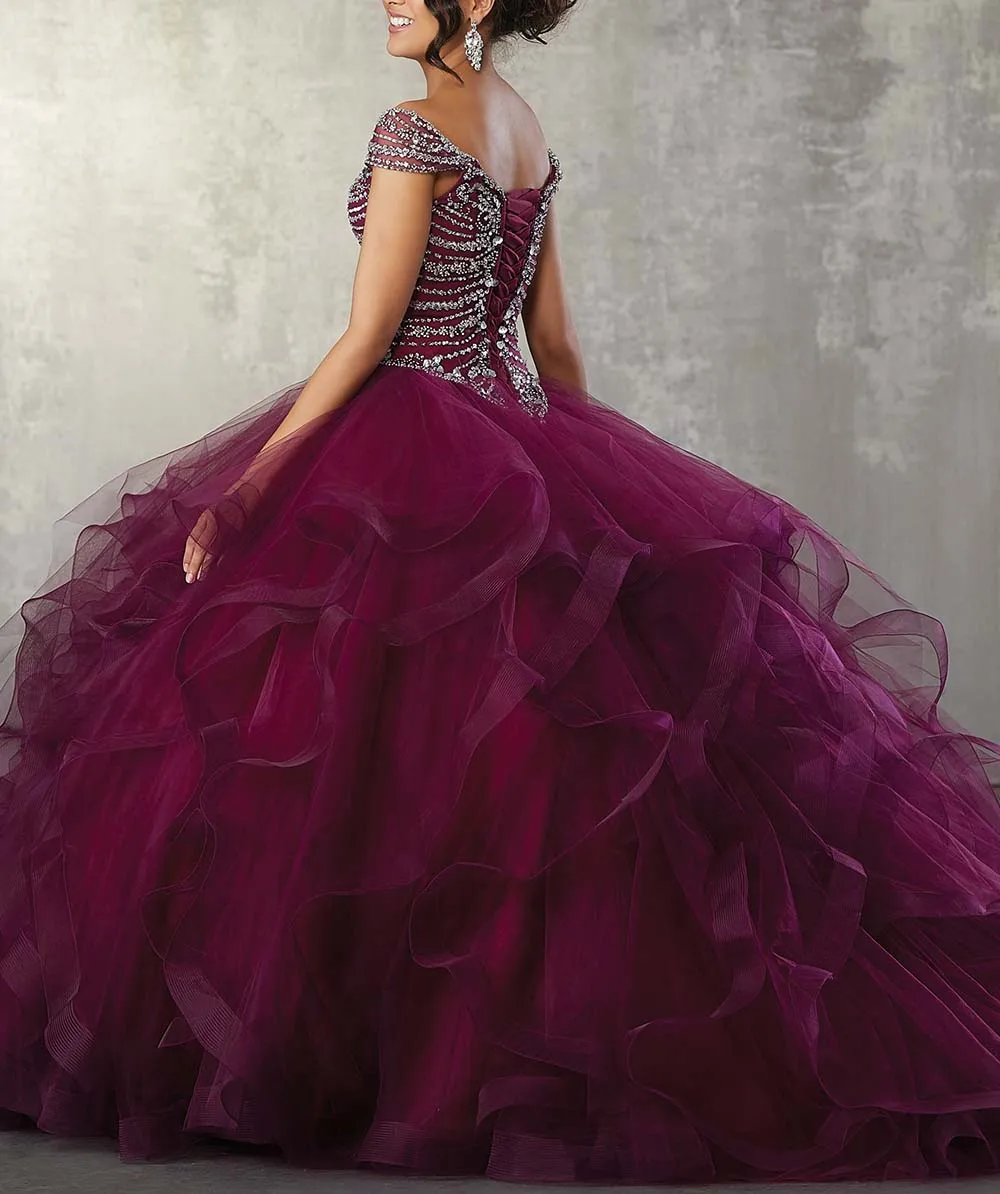 JaneVini 2019 elegancki granatowy niebieskie sukienki quinceanera suknie balowe z dekoltem w kształcie litery V ciężkie koraliki Ruffles Puffy Tulle księżniczka suknie Vestidos 15