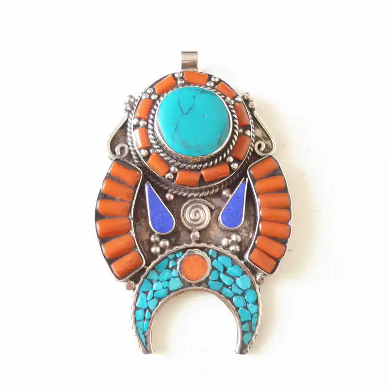 TBP761 Indian Vintage Jewelry Copper Inlaid Colorful Stone Pendants Big Pendant