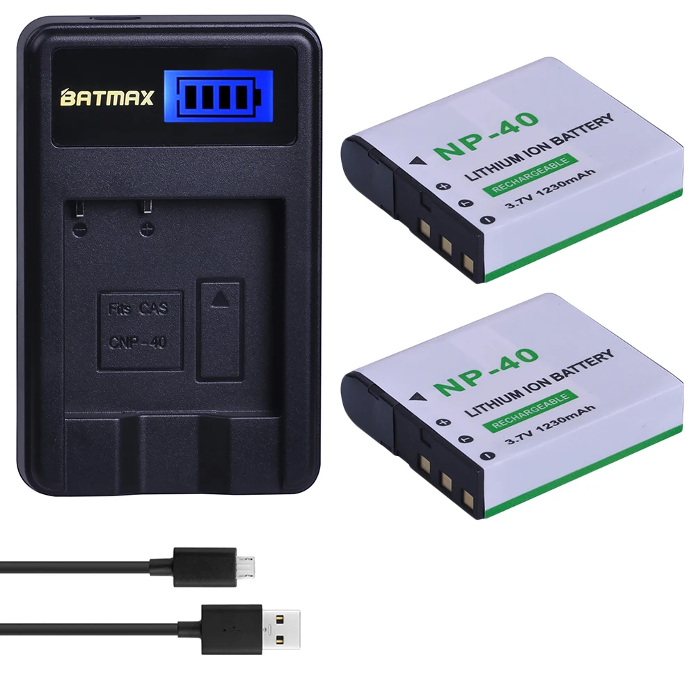 

2Pcs 1230mAh NP-40 NP40 Camera Battery Pack + LCD USB Charger for Casio EX-Z30/Z40/Z50/Z55/Z57/Z750 EX-P505/P600/P700 PM200