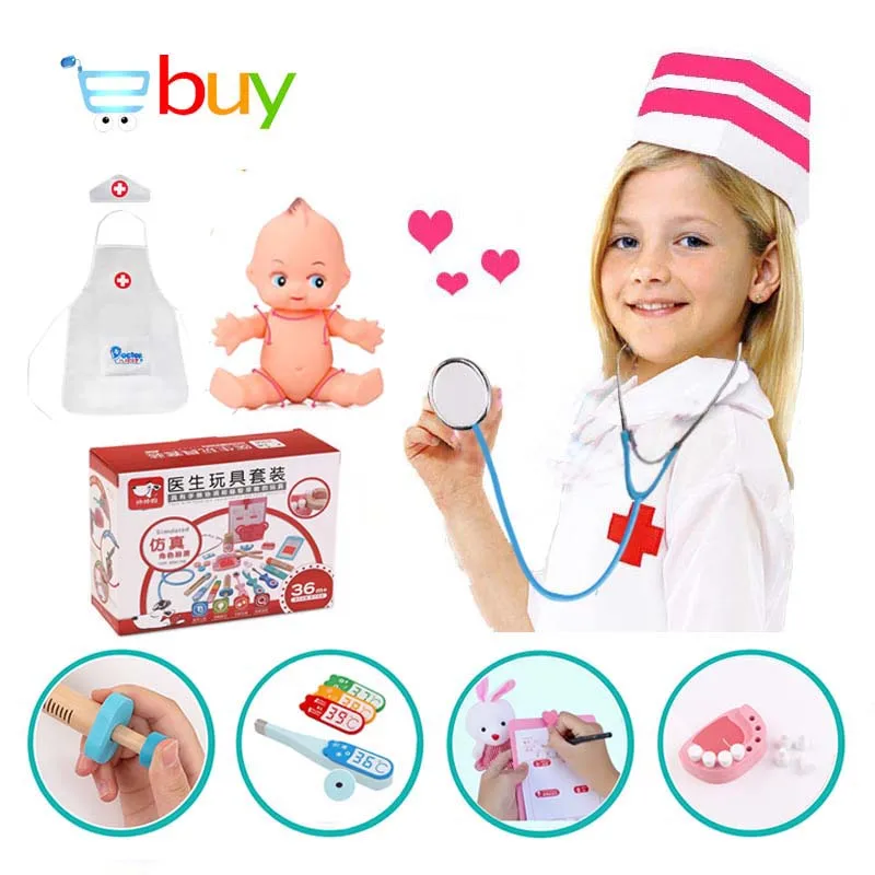 Brinquedos de madeira doutor caixa médica enfermeira jogo cosplay dentista medicina peito com boneca uniforme fingir jogar presentes para crianças