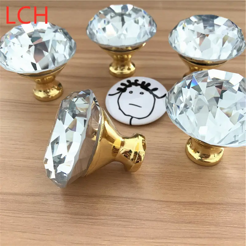 FREE SHIPPING LCH  50PCS/ LOT  40MM CLEAR CUT DIAMOND KNOBS  GLASS KNOB CRYSTAL KNOB CABINET KNOBS ON GOLD BASE