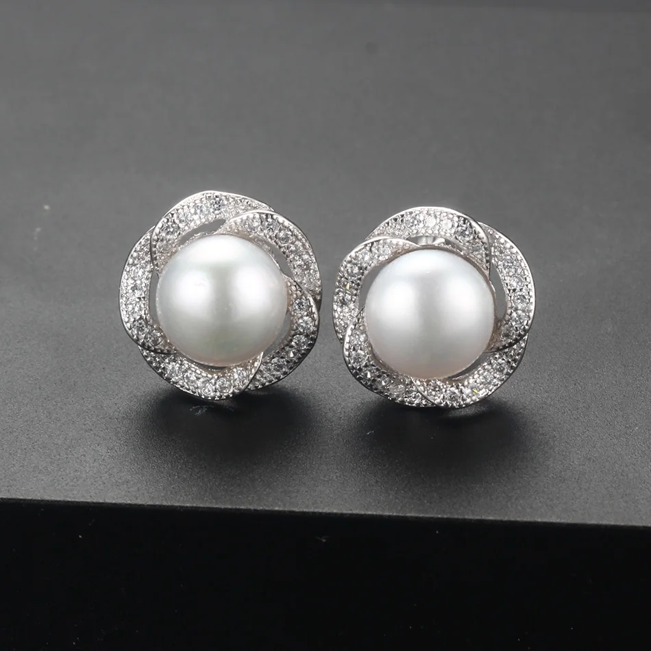 topAAAA High Luster 100% Natural Freshwater Pearl Stud Earrings For Women Fashion 925 Sterling Silver Flower Jewelry wowen gift