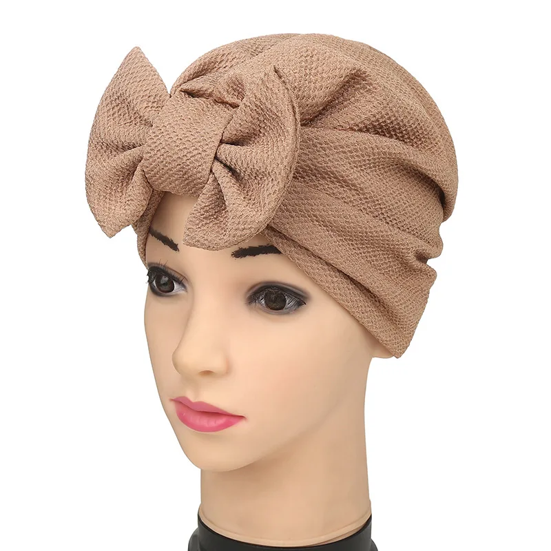 KepaHoo Fashion Women Solid Muslim Turban Indian Cap Bowknot Elastic Beanies Hat Bonnet Headwrap