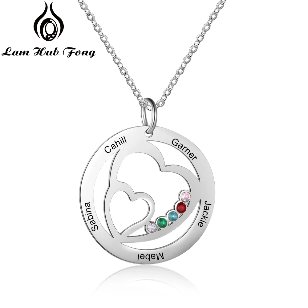 Personalized 5 Names Engraved Heart Necklaces for Women Customized Cubic Zirconia Pendant Necklace Family Gift  (Lam Hub Fong)