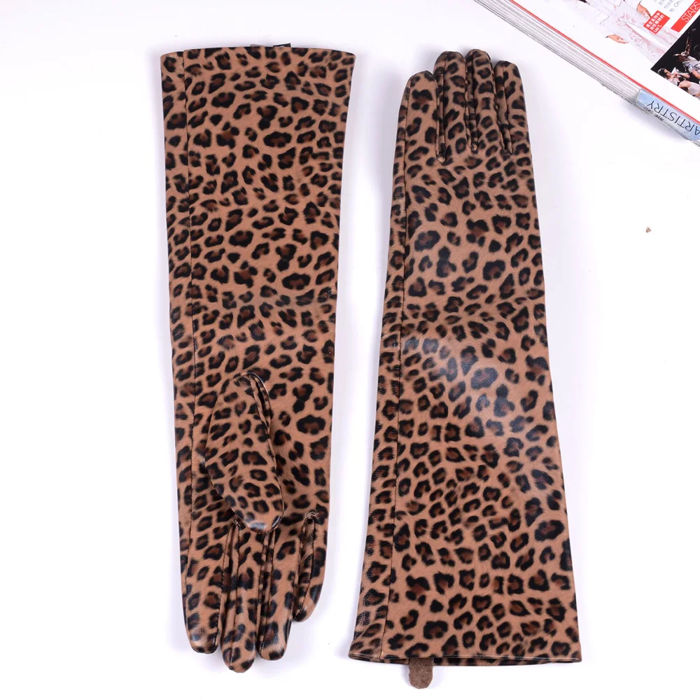 New Women's Ladies Real Leather Leopard Print Leather Punk long gloves Evening Gloves Customized