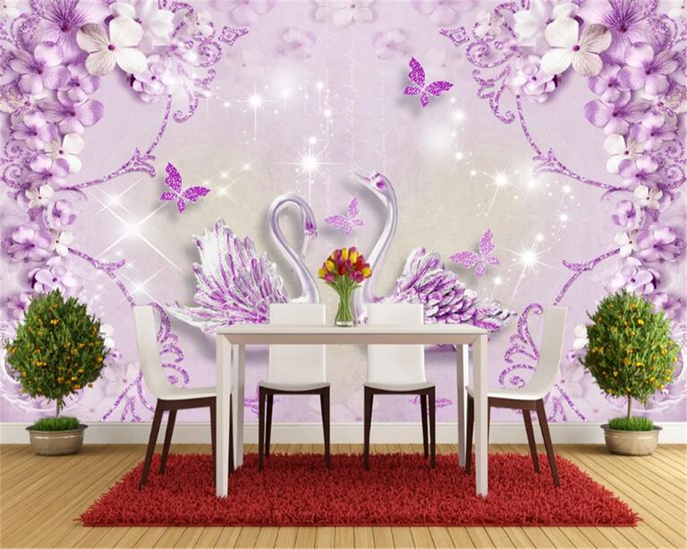 

beibehang Interior senior 3d wallpaper noble gorgeous purple European style three-dimensional swan TV background papel de parede