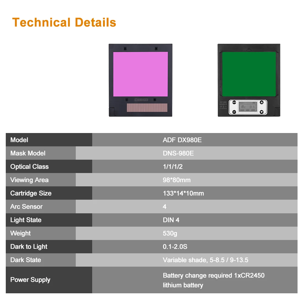 Imagem -03 - Deko Dns-980e Atualizado Energia Solar Escurecimento Automático Capacete de Soldagem Sombra Faixa 58.5 913.5 Máscara de Soldagem para Tig Mig Mma