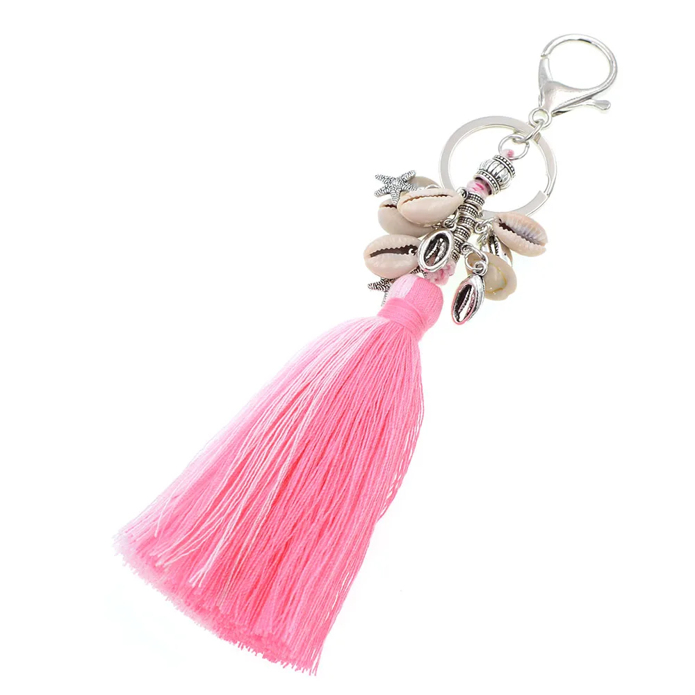 WELLMORE handmade bohemia shell with long tassel alloy Key Chain For Women Girl Bag Keychain