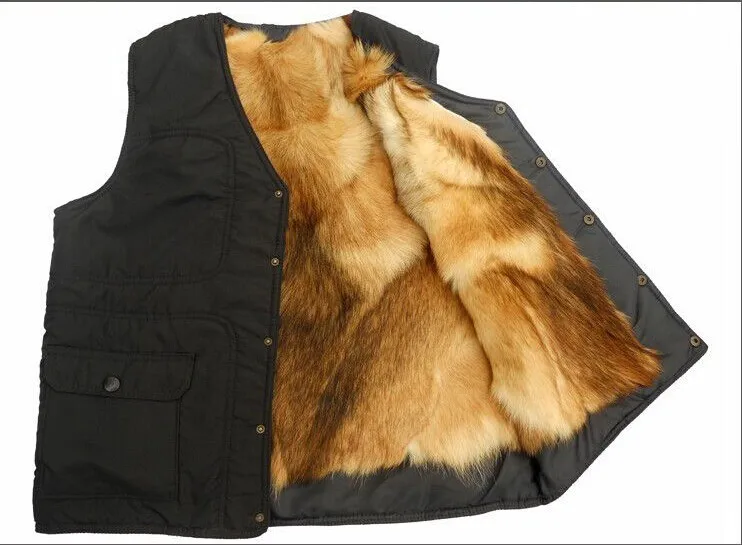 Autumn Winter Outdoor Men‘s Genuine Leather Fur Waistcoat Male Fur One Piece Thermal Natural Fur Vest